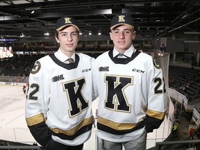 Kingston Frontenacs first and second picks from the 2022 Ontario Hockey League Priority Selection, Gabriel Frasca, left, and Jacob Battaglia, at Game 5 of the OHL Eastern Conference quarter-final against the Oshawa Generals at the Leon's Centre on Saturday.
