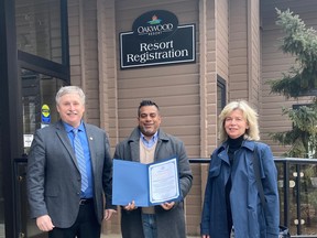 Oakwood Resort was recognized by the municipality for its contributions to the community through its 100-year history. From left are South Huron Mayor George Finch, Oakwood general manager Jeff Pacheco and Coun. Marissa Vaughan. Handout