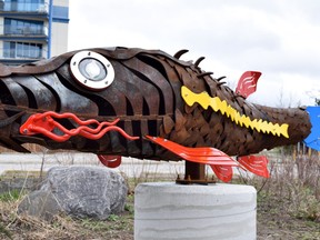 The sculpture created by metalworker Scott McKay depicts a sturgeon and can be found on the east side of the traffic circle at Grand Bend beach. Dan Rolph