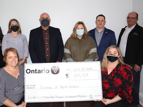 Back row, L-R: Mary Rose Walden, C.A.O. for the Township of Huron-Kinloss; Kristin Dimmick, Project Coordinator for Women in Carpentry Program; Mitch Twolan, Mayor for the Township of Huron-Kinloss; Lisa Thompson, M.P.P. Huron-Bruce; Ryan Plante, UBC Local 2222; Don Murray, Deputy Mayor for the Township of Huron-Kinloss.In front: Heather MacKenzie-Card, Program Manager for Fanshawe College; Michelle Goetz, Manager of Strategic Initiatives for the Township of Huron-Kinloss. SUBMITTED