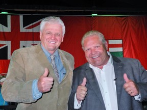 Haldimand-Norfolk MPP Toby Barrett, left, shown with Premier Doug Ford has reportedly stepped down as the candidate for the upcoming election. He is being replaced by Haldimand Mayor Ken Hewitt.