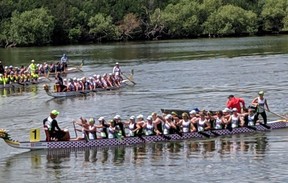 The Parkland Dragon Boat Racing Club (in front) attended Nationals in Regina in 2019. Dragon boat racing tournaments are called festivals. (Submitted by Sherry Dykes)