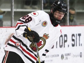 Sarnia Legionnaires' Josh Glavin (28) plays against the Chatham Maroons at Chatham Memorial Arena in Chatham, Ont., on Saturday, March 19, 2022. Mark Malone/Chatham Daily News/Postmedia Network