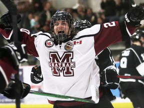 Chatham Maroons' Matthew Cunningham celebrates after scoring against the Komoka Kings in the second period at Chatham Memorial Arena in Chatham, Ont., on Sunday, April 10, 2022. Mark Malone/Chatham Daily News/Postmedia Network