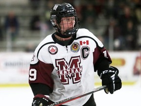Chatham Maroons' Lucas Fancy plays against the London Nationals at Chatham Memorial Arena in Chatham, Ont., on Friday, April 22, 2022. Mark Malone/Chatham Daily News/Postmedia Network