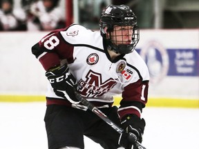 Chatham Maroons' Connor Paronuzzi plays against the London Nationals at Chatham Memorial Arena in Chatham, Ont., on Friday, April 22, 2022. Mark Malone/Chatham Daily News/Postmedia Network