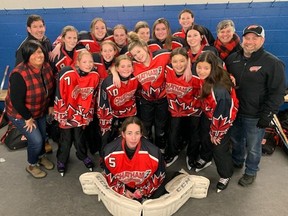 The Chatham U16 Thunder are 2022 Western Region Ringette Association champions. The Thunder are, front row: Natalie Haggerty. Middle row, left: coach Kari Howe, Claire Forshee, Brianna Badder, Mercy Wysman, Grace Norris, Lily Allado, Alena Allado and coach Paul Norris. Back row: coach John Thompson, Malarie Badder, Emma Winkler, Kaitlyn Sammon, Olivia Wilson, Brooke Howe, Lindsey Durocher, Kate Thompson and trainer Shauna Thompson. (Contributed Photo)