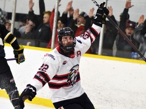 Ryan Murray (22) of the Mitchell Hawks celebrates his shorthanded goal during second period action of Game 3 of their PJHL North Conference final series with Stayner April 28. Murray also scored on the power play as the Hawks took a 2-1 series lead with a 4-3 overtime victory. ANDY BADER/MITCHELL ADVOCATE