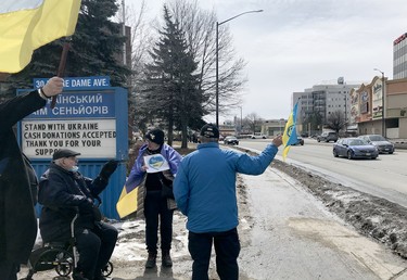 Ukraine supporters gathered for a rally outside St. Mary's Ukrainian Catholic Church at 40 Notre Dame Ave. in Sudbury, Ontario on Saturday, April 2, 2022. Ben Leeson/The Sudbury Star/Postmedia Network