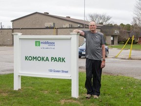Komoka resident Paul Miniely is co-organizer of a campaign against a proposal to sell their community center and part of a surrounding park and turn it into a privately run athletic training and health-care facility.  (Derek Ruttan/The London Free Press)