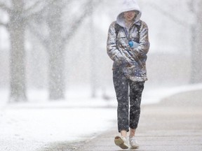 Sophie McKenzie, a third-year Western University student, walks through the heavy snowfall on campus in London.  She laughed when asked about her views of the local weather. 