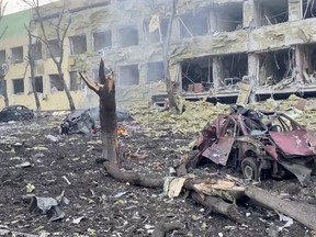 FILE PHOTO: Debris are seen on site of the destroyed Mariupol children's hospital as Russia's invasion of Ukraine continues, in Mariupol, Ukraine, March 9, 2022 in this still image from a handout video obtained by Reuters. Ukraine Military/Handout via REUTERS    THIS IMAGE HAS BEEN SUPPLIED BY A THIRD PARTY.///File Photo