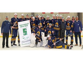 The Woodstock Jr. Navy Vets host the Ontario Hockey Federation U18 single-A championships this weekend. Woodstock has won three tournaments this season, including last month’s International Silver Stick. Pictured back row, from left: Coach Alfie Breton, Tyler Magoffin, Josh King, Evan Raymond, Bryn Smiley, Braedan McMullen, Aiden Kindurys, Aaron Bullock, Mike Vermeersch. Second row, from left: Ashton Smith, Rhylan Warford, Alex Vessoyan, Brady Carne, Connor Stanley, coach Chris Jensen, coach Kyle Walker. Front row, from left: Kade Anthony, Elliot Yu, Roan Brett. Missing: Coach Chris Nauts. (Submitted photo)
