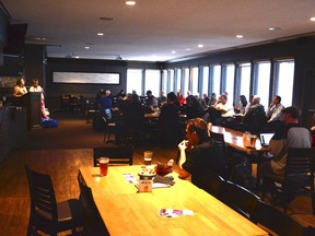 The 100 Airdrie Men Who Give a Damn hear a presentation for Project Linus during their April 19 meeting. The group raised $12,200 in total at the meeting. Photo by Riley Cassidy/The Airdrie Echo/Postmedia Network Inc.