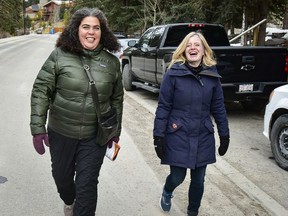 Sarah Elmeligi, NDP Banff-Kananaskis candidate, knocks on doors in Banff with NDP Leader Rachel Notley on April 13, 2022. Photo submitted.