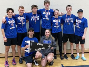 The senior badminton team at Mitchell District high school (MDHS) won the Huron-Perth title April 20 in Stratford and qualified for WOSSAA in Strathroy April 28. Back row (left): Brett Poirier, Brayden Vosper, Milton Watt, Kyle Eisler, Gwen McKay, Kale Murray, PJ Marshall. Front row (left): Coulter Rolph and Maya Belfour. SUBMITTED