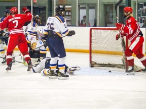 Early in the second period of game four in Wingham on March 30, Hanover Barons forward Trent Verbeek (#7) found a hole in the Wingham Ironmen defence to score the first of four goals for Hanover.