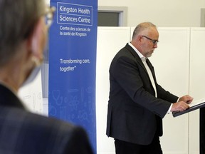 Bay of Quinte MPP Todd Smith announces funding for Kingston Health Sciences Centre's satellite dialysis unit in Belleville Friday at the clinic. Listening at left was KHSC's chief operating officer, Dr. Renate Ilse.