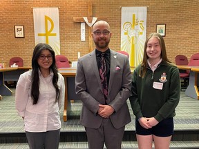 Pictured are the new Algonguin and Lakeshore Catholic District School Board student trustees, Mary Mekhaeil (left) and Marlow Slatter with Director of Education David DeSantis.