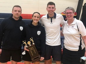Belleville Badminton Club mixed doubles champions Garret Condon and Rebecca Trischler stand with finalists Jake Wilson and Elaine Seymour. SUBMITTED PHOTO