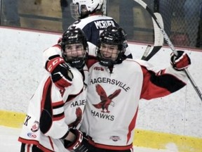 Members of the Hagersville Hawks celebrate a goal earlier this season. The Hawks are now in the Provincial Junior C Hockey League Cup semifinals.