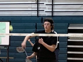 North Park Collegiate's Micah DuChene returns a shot during the Athletic Association of Brant, Haldimand and Norfolk junior badminton championship on Wednesday at St.  John's College.  For results, visit The Expositor's website: www.brantfordexpositor.ca.  Expositor Photo