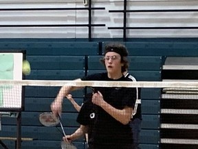 North Park Collegiate's Micah DuChene returns a shot during the Athletic Association of Brant, Haldimand and Norfolk junior badminton championship on Wednesday at St. John's College.