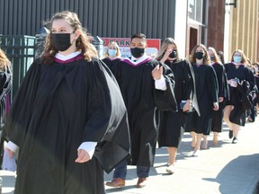 Laurier Brantford's Class of 2020 makes its way to the Sanderson Centre on Wednesday morning for its convocation ceremony. The students' in-person graduation was delayed by the pandemic.