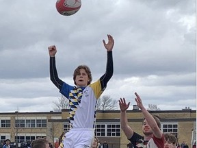 Brantford Collegiate Institute's Kaelan Mifflin steals the ball during a lineout in an AABHN senior boys rugby game against St. John's College on Tuesday, April 26 at Pauline Johnson Collegiate's Kiwanis Field. EXPOSITOR PHOTO