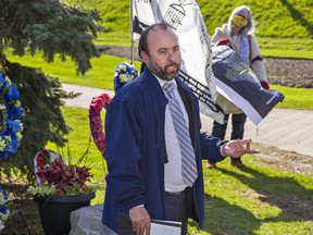Cory Judson, president of the Brantford and District Labour Council speaks during a gathering at the Fordview Park Memorial site on Thursday April 28, 2022 in observance of the National Day of Mourning for workers injured, killed or made ill because of hazardous workplace exposures . Brian Thompson/Brantford Expositor/Postmedia Network