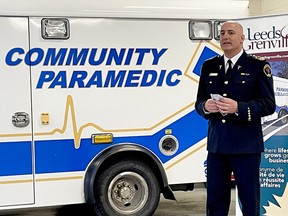 Jeffrey Carss, chief of the paramedic service division for Leeds and Grenville, speaks to guests at the showcase for the United Counties Community Paramedic program in Frankville on Friday. (MARSHALL HEALEY/The Recorder and Times)