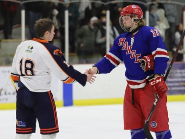 Hunter Shipclark (right) of the South Grenville Jr. C Rangers extends his hand to Cayden Martin of Clarence after the Castors won the NCJHL 2021-2022 championship in Cardinal on Saturday night. Clarence edged South Grenville 3-2 to sweep the best-of-seven series.
Tim Ruhnke/The Recorder and Times