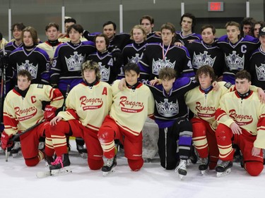 The South Grenville Rangers and RSL Kings pose for a group photo after the Rangers egded the Kings 2-1 in a lengthy shootout at the Leo Boivin Showcase on Saturday afternoon.
Tim Ruhnke/The Recorder and Times