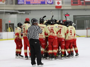 Isaac Lindsay is mobbed by his South Grenville teammates after he scored in the ninth round of the shootout to give the Rangers a2-1 win over the RSL Kings at the Leo Boivin Showcase on Saturday, April 9. The previous 17 attempts didn't get past goalies Hunter Sanger of the Rangers or Warren Halpenny of the Kings.
Tim Ruhnke/The Recorder and Times