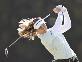 CHAMP IS BACK
Brooke Henderson tees off on the 14th hole during the first round of the DIO Implant LA Open in Los Angeles on Thursday. The Smiths Falls native is the defending champion of the LPGA event. Henderson shot a five-over 76 in the opening round.
Michael Owens/Getty Images