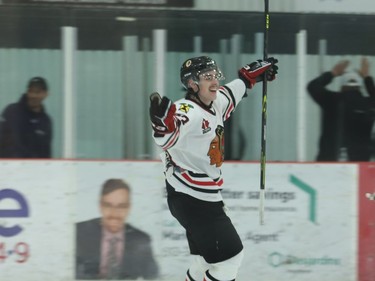 Ryan Bonfield celebrates after scoring for Brockville to tie Pembroke 1-1 in the second period of game seven Friday night.
Tim Ruhnke/The Recorder and Times