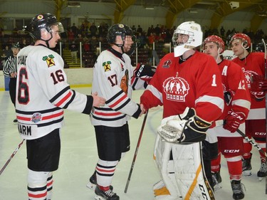 The Brockville Braves and Pembroke Lumber Kings shake hands after the Braves edged the Kings 2-1 in the fourth overtime period in Brockville early Saturday morning to win game seven of their CCHL quarter-final playoff series.
Tim Ruhnke/The Recorder and Times/Postmedia Network