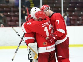 Pembroke teammates Reece Proulx, Joe Jordan and Jacob Zwirecki hug after the Lumber Kings lost a heartbreaking 2-1 decision in the fourth overtime period of game seven in Brockville early Saturday morning. The Braves advance to the CCHL semi-finals.
Tim Ruhnke/The Recorder and Times/Postmedia Network