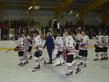 The Brockville Braves acknowledge the fans after winning the opening round playoff series against Pembroke. A large percentage of the more than 1,200 who attended game seven at the Brockville Memorial Centre was still there when the Braves won at 6:31 of the fourth overtime period after midnight on Saturday.
Tim Ruhnke/The Recorder and Times