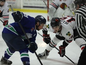 Josh Spratt of the Hawks and Owen Belisle of the Braves take a faceoff in the Brockville end during the second period of game two of their CCHL semi-final series at the Brockville Memorial Centre Tuesday night. Hawkesbury won 3-1 to take a 2-0 lead in the best-of-seven series.
Tim Ruhnke/The Recorder and Times