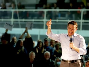 Conservative Party leadership hopeful Pierre Poilievre reacts to applause during a rally at Brockville's Centennial Youth Arena in April. (RONALD ZAJAC/The Recorder and Times)
