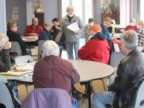 Ridgetown resident Tim DeActis spoke to local residents during an April 2 meeting about a proposed 131-home subdivision for Ridgetown. News of the development caught some people by surprise. Ellwood Shreve/Postmedia