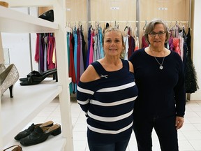 Geri Hughson and Debbie Franklin of FreeHelpCK are shown in their location at the Downtown Chatham Centre with the shoes and prom dresses they are giving out to graduating high school students. The giveaway lasts untilt the end of April.