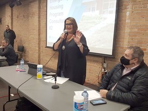 Polly Smith, Chatham-Kent's director of employment and social services, speaks during the April 6 public meeting concerning a homeless shelter set for the former Victoria Park Public School in Chatham. Trevor Terfloth/Postmedia