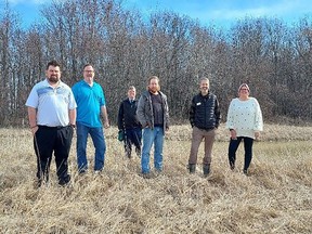 From left are Coun. Anthony Ceccacci, Mayor Darrin Canniff, Lower Thames Valley Conservation Authority CAO Mark Peacock, LTVCA chair Coun. Trevor Thompson, manager of conservation lands and services Randall Van Wagner, and Julie MacDonald, of Ridge Landfill Community Trust. Handout