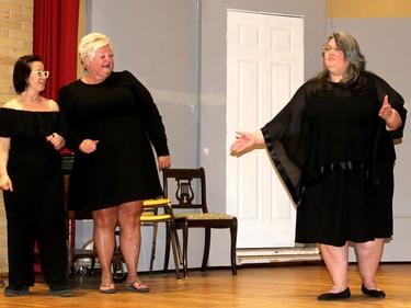 Cast members with Calendar Girls, Angel Bilagot, left, Ruth Brown, middle, and Robyn Brady, are seen here during a recent rehearsal for the Theatre Kent production that hits the stage of the Kiwanis Theatre on April 22 and 23. PHOTO Ellwood Shreve/Chatham Daily News
