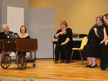 The main characters in the Theatre Kent's upcoming production of Calendar Girls are seen here during a recent rehearsal. They include, from left, Amy Griffin, Ruth Brown, Angel Bilagot, Aimee Clifford, Robyn Brady, and Sonja Reeves. PHOTO Ellwood Shreve/Chatham Daily News