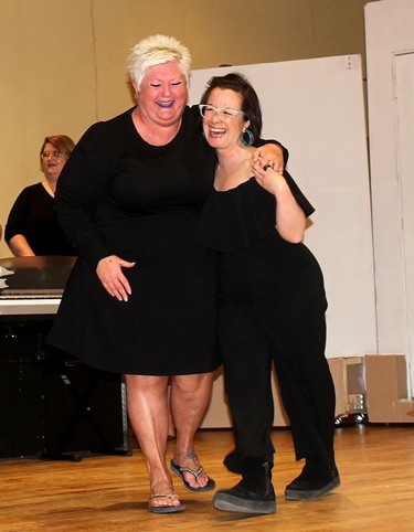 Ruth Brown and Angel Bilagot, share laugh during a recent rehearsal for Theatre Kent's upcoming production of Calendar Girls while Aimee Clifford is seen in the background. PHOTO Ellwood Shreve/The Daily News