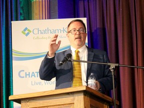 Chatham-Kent Mayor Darrin Canniff boldly predicted Wallaceburg will be one of the fatest growing communities in Chatham-Kent during the first Breakfast with the Mayor organized by the Wallaceburg and District Chamber of Commerce on Thursday. PHOTO Ellwood Shreve/Chatham Daily News