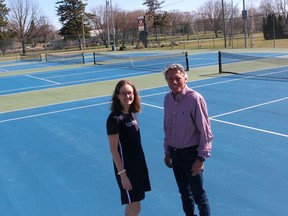 Stephanie Chapados and Chatham Coun. Michael Bondy hope to see the Doug Allin Tennis Courts covered during the winter so people can enjoy the sport, along with pickeball, year-round. PHOTO Ellwood Shreve/Chatham Daily News